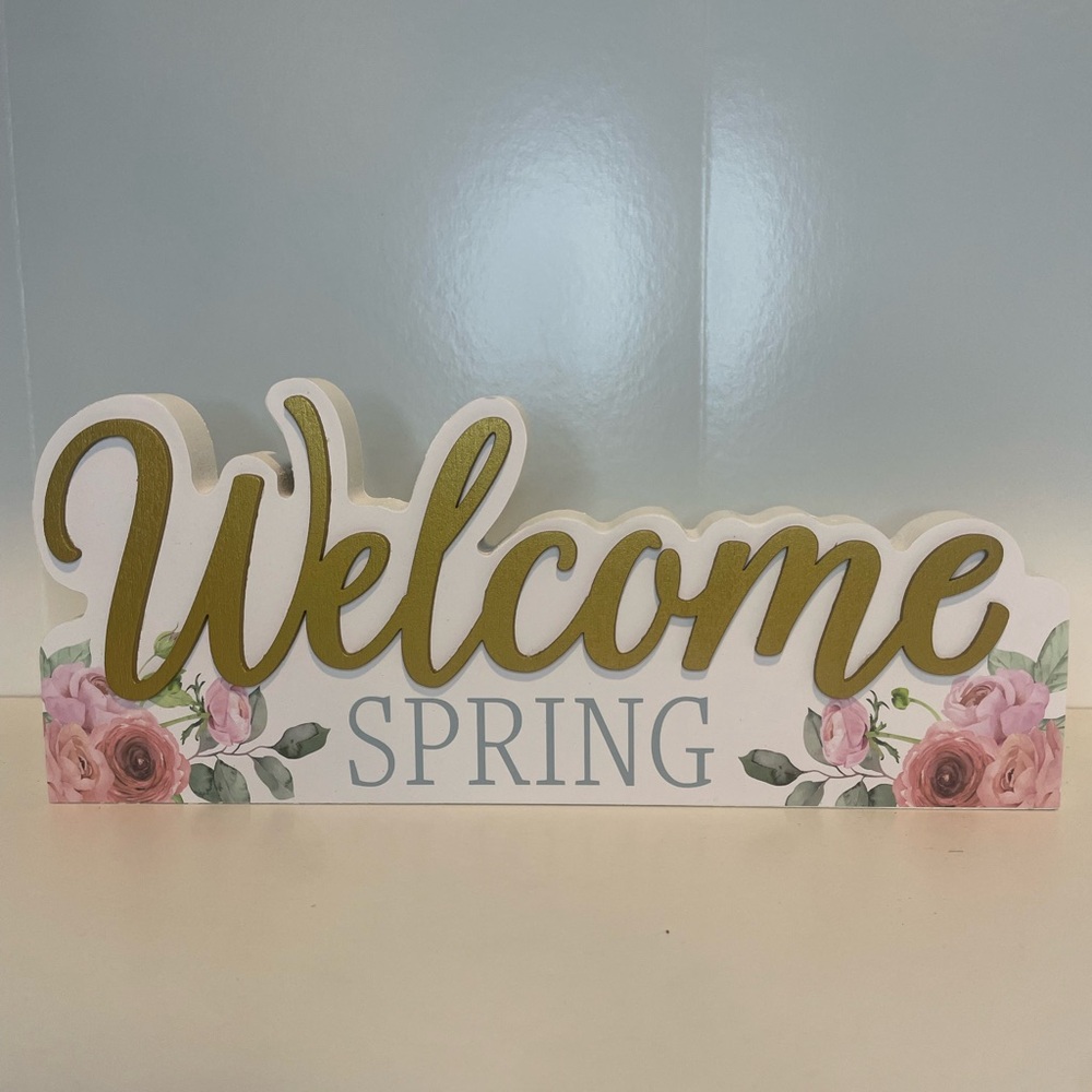 Gold and Pink Floral Spring Welcome Sign, Tabletop Decor, Shelf Decor - Picture 3 of 4